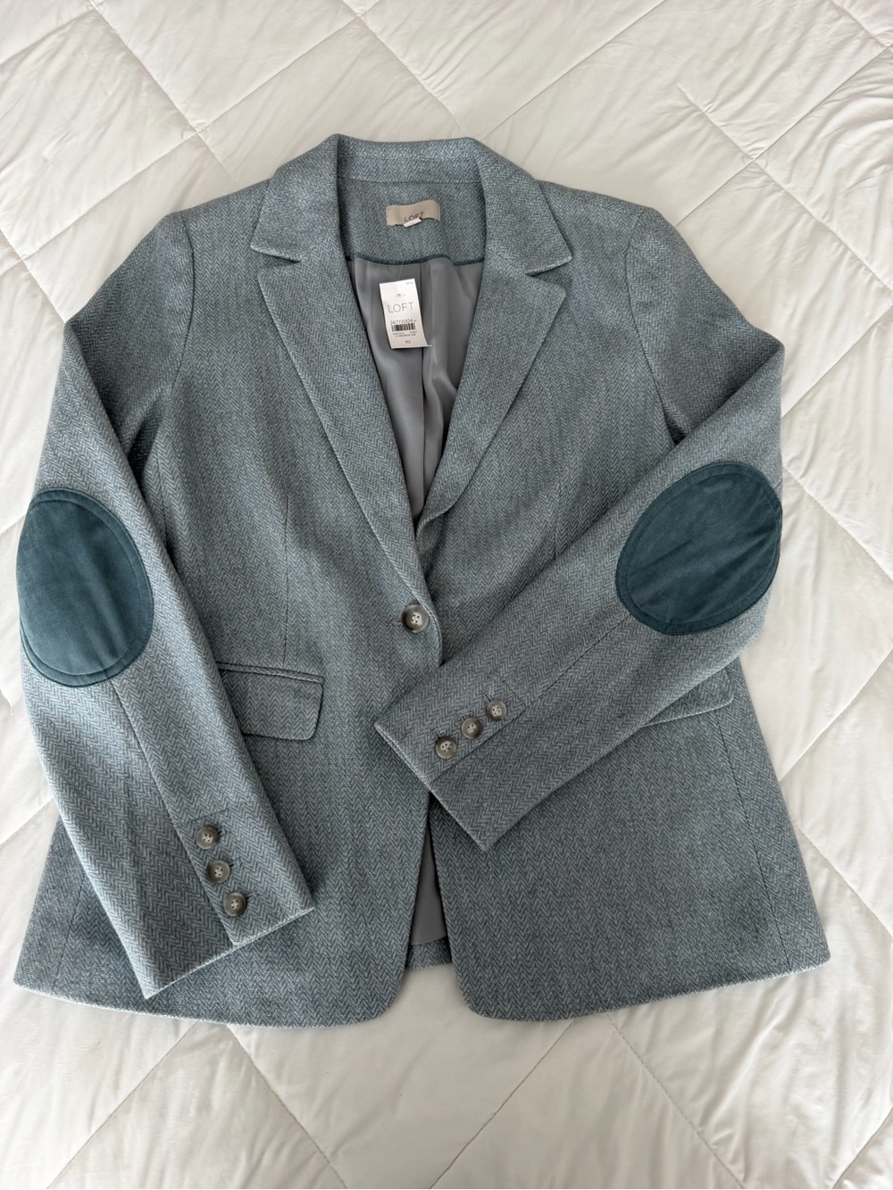 LOFT Women's Teal Herringbone Wool Blend Blazer with Elbow Patches